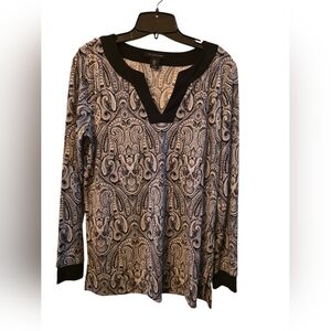 Tahari Black & White Paisley Print V-Neck Long Sleeve Top Blouse Medium